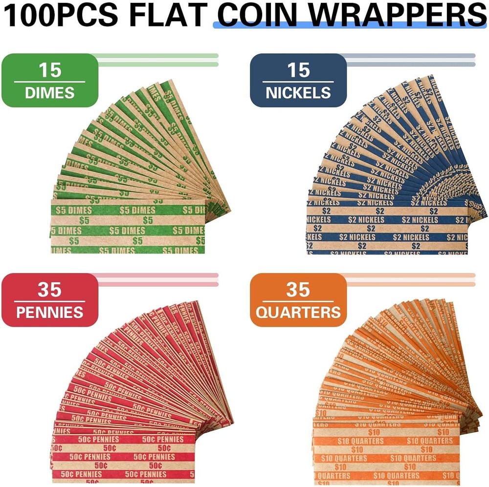 ESSENTIAL 100 pcs Assorted Packed Flat Stripped Coin Wrappers, Coin Rolls Wrappe