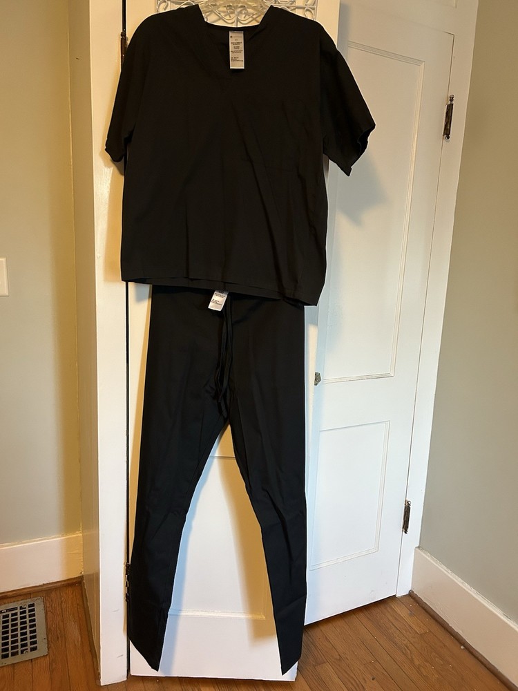 Harriton Black Unisex Scrub Set Size S Cotton Blend Medical Solid Top and Pants