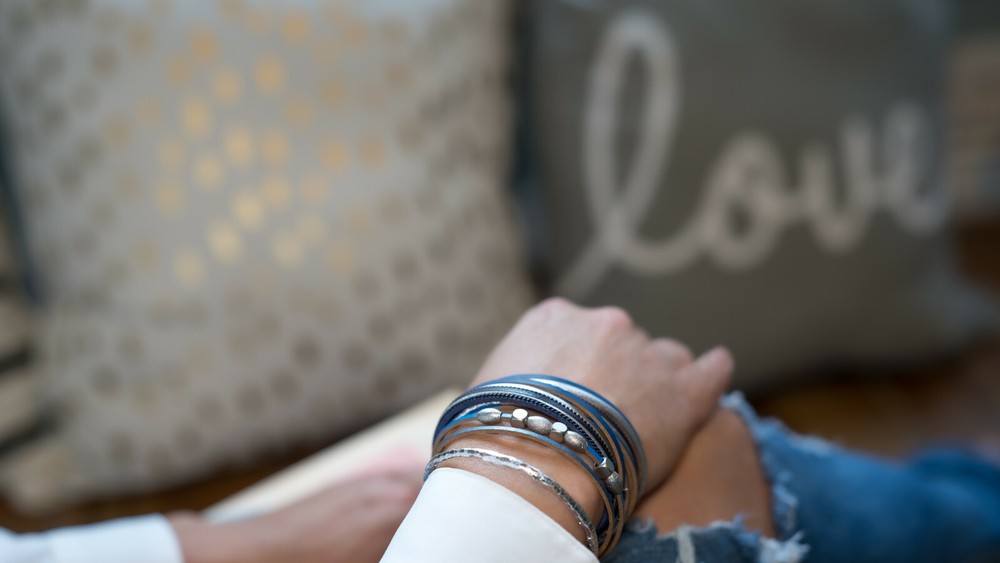 Leather Bracelet Silver beads / Navy Blue
