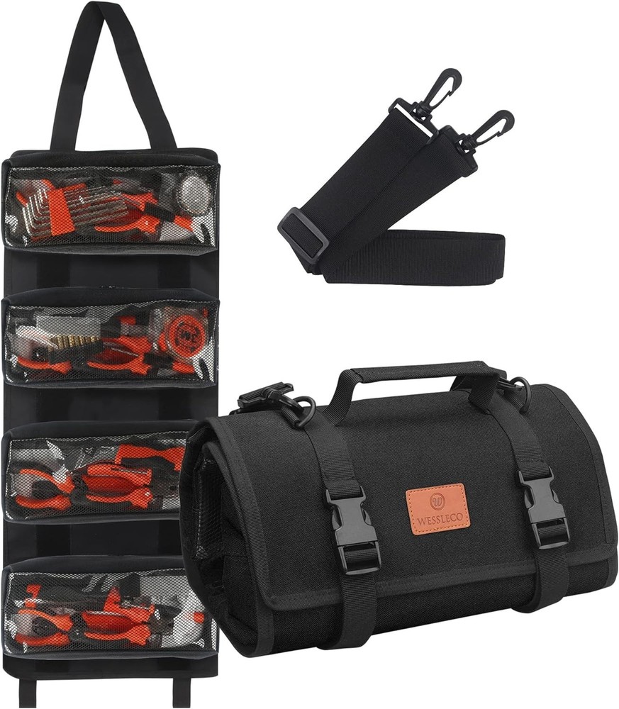 Tool Roll - Canvas Wrench Tool Organizer with 4 Pockets Black