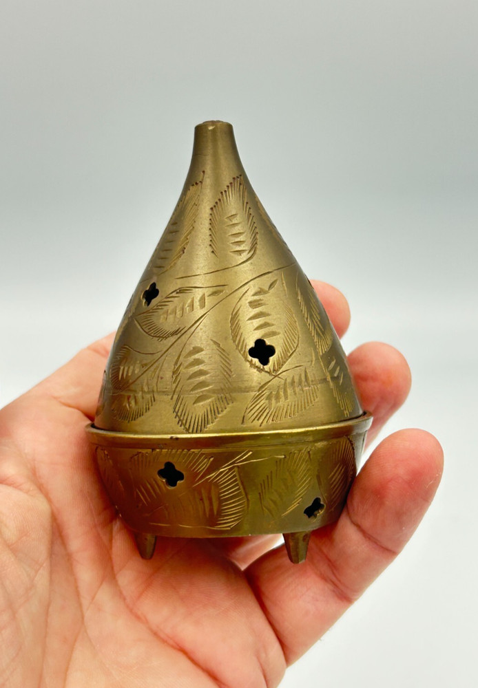 Vintage Etched Brass 4 " Lidded Three Leg Incense Burner