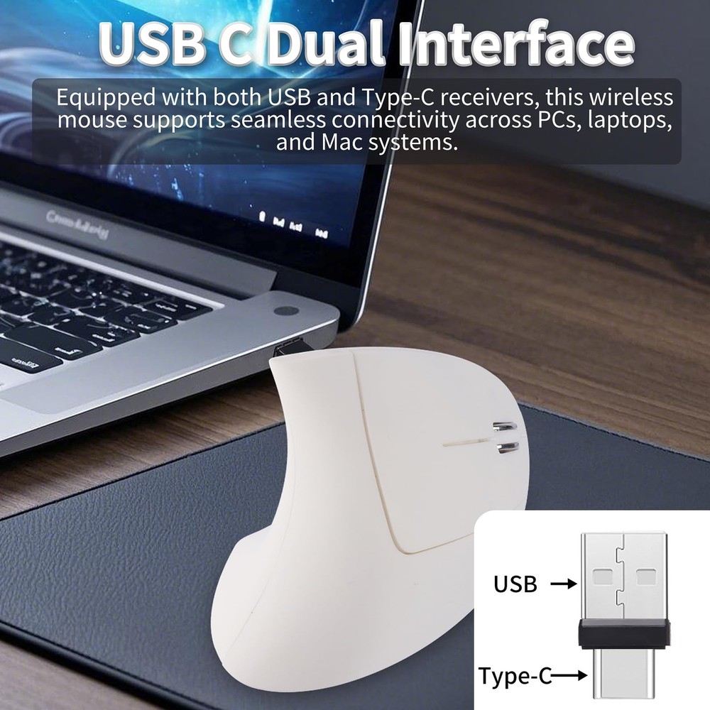 Ergonomic Vertical Wireless Mouse USB C Dual Interface Multi-Device Compatible