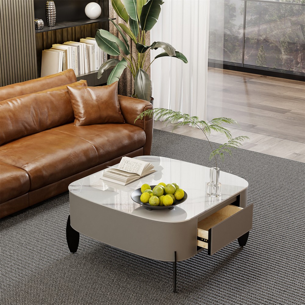 32'' Diameter Modern Coffee Table Luxury Stone Top Saddle Leather Center Table