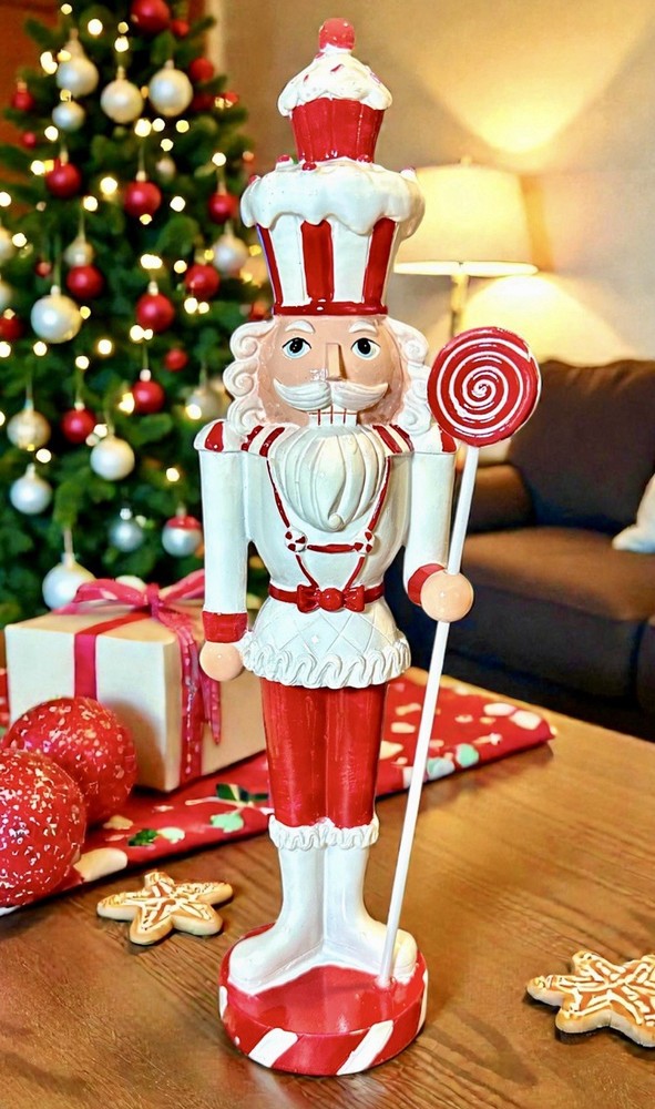 Jingles & Joy Peppermint & Cupcakes Nutcracker  14” White & Red Resin NWT