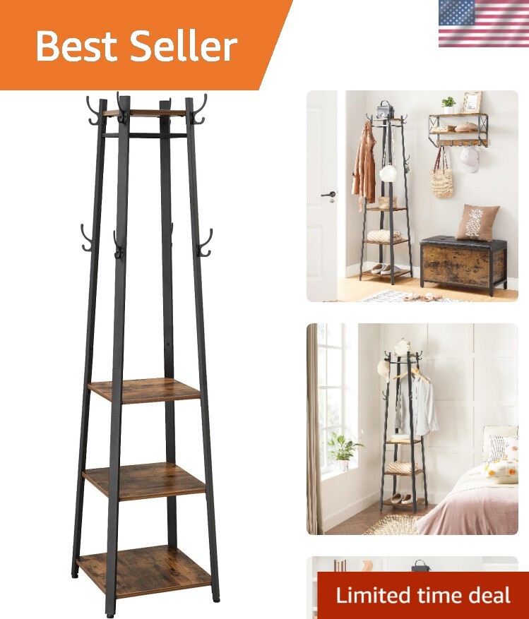 Industrial Coat Rack with 3 Shelves - Rustic Brown & Black Entryway Solution