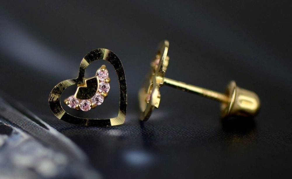 14k Solid Yellow or White Gold Heart Shape CZ Stud Earrings