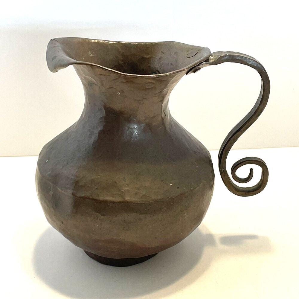 Antique Hammered Copper Pitcher Scrolled Riveted Handle Primitive Jug Dents 6"
