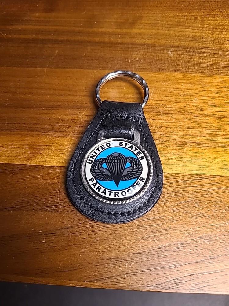 US Paratrooper Keychain  Leather Back Enamel Medalion