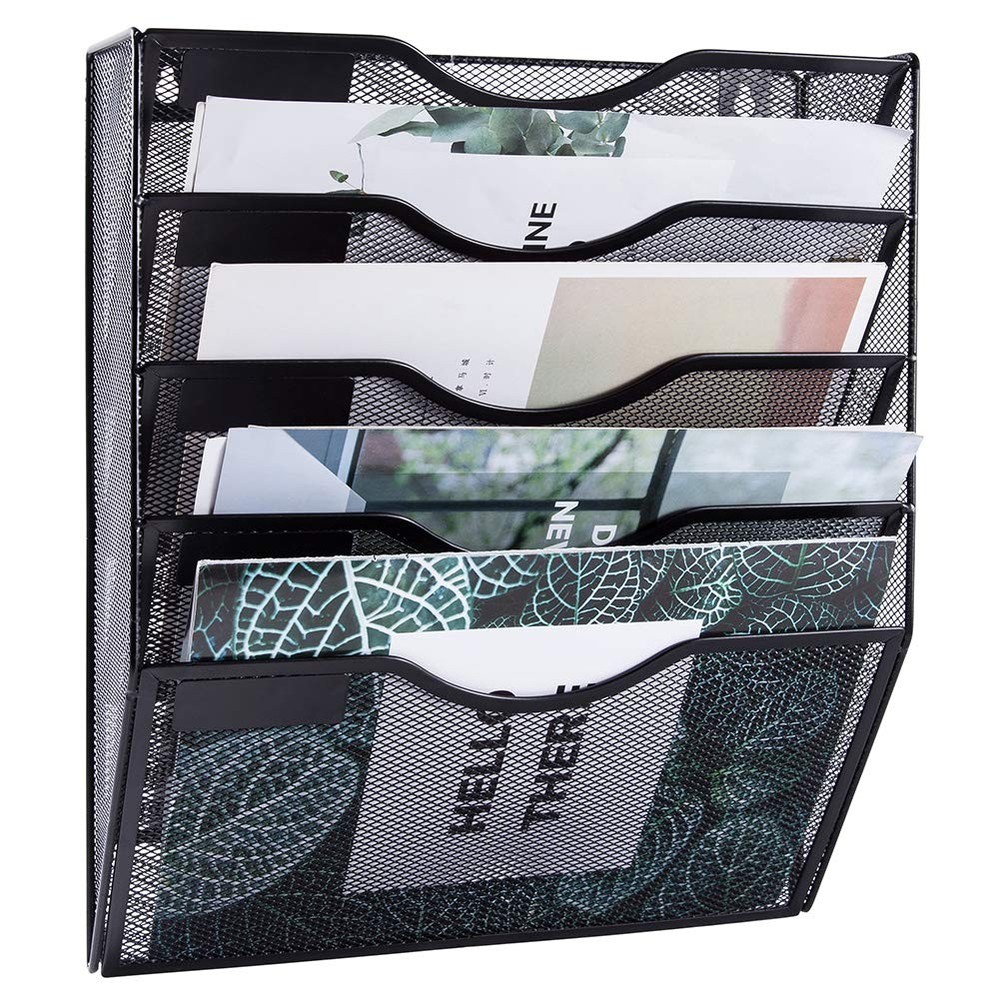 5 Pocket Mesh Hanging Wall File Organizer Wall Mounted Paper Document Folder ...