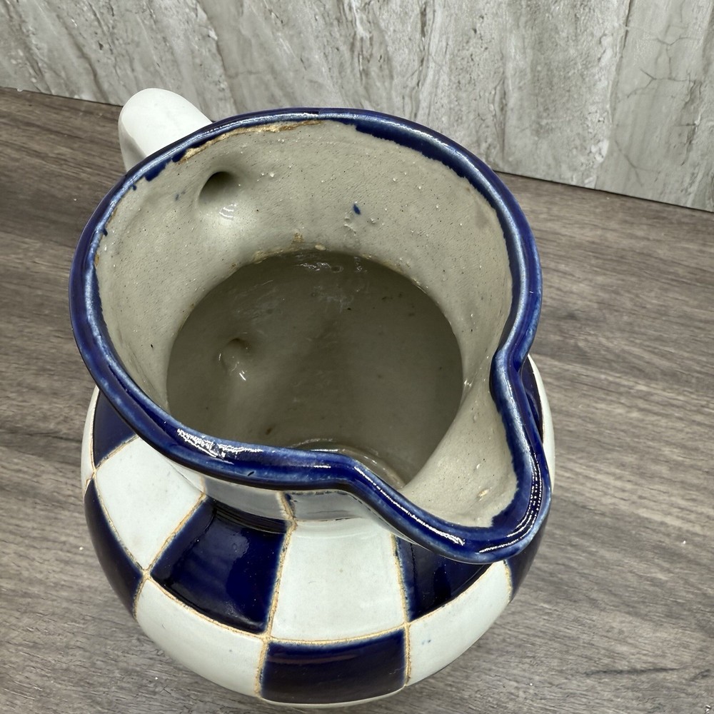 Handmade Ceramic Checkered Pitcher – Cottage Core Style – Signed, 7.5” Tall