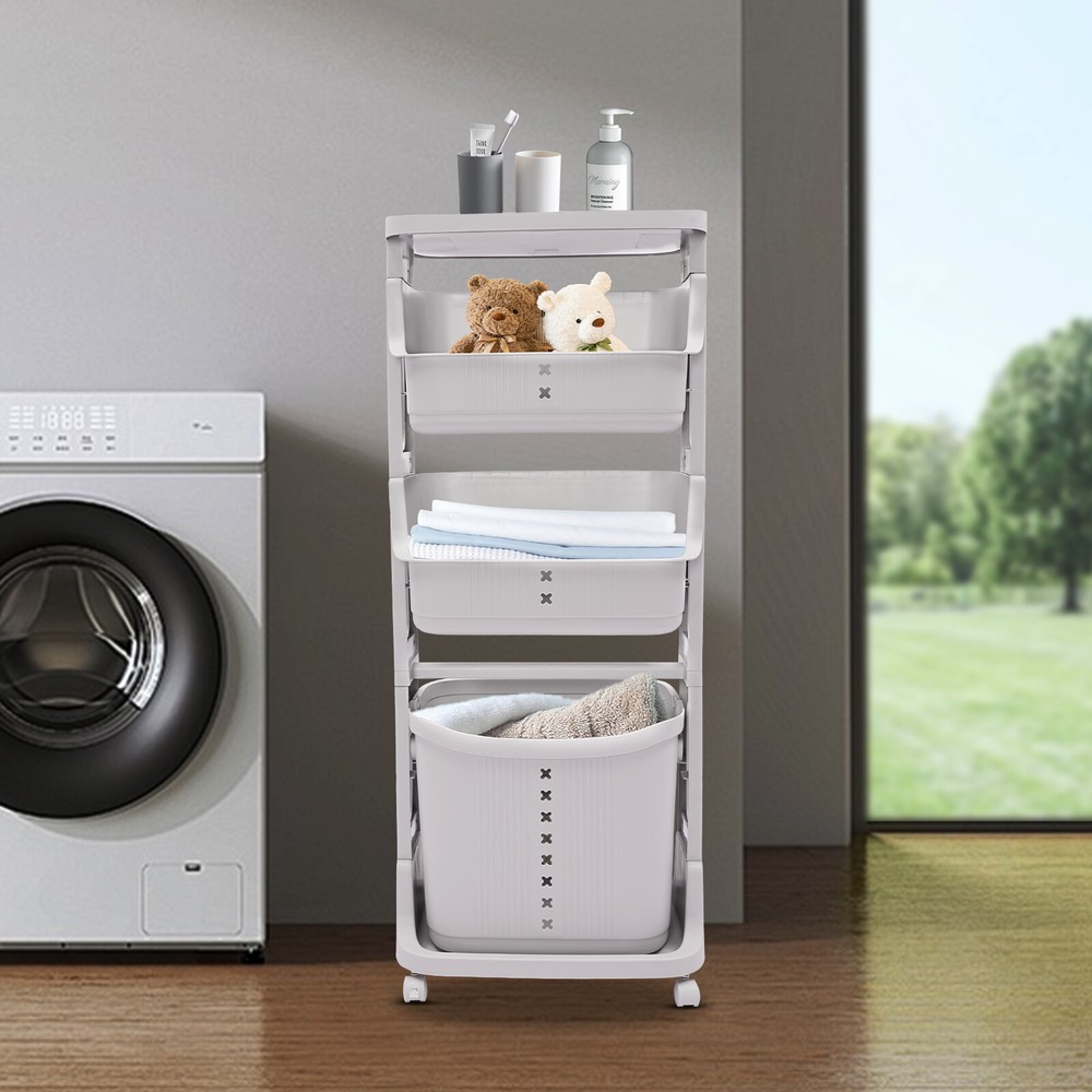 Plastic Laundry Hamper Basket Clothes Storage Organizer Shelf Rolling Cart
