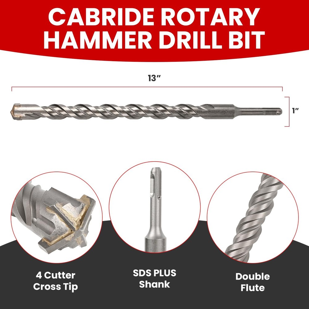 1 X 13 in SDS Plus Bits, Rotary Hammer Drill Carbide 1