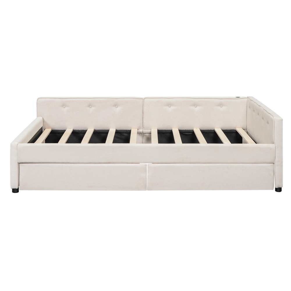 Full Size Daybed Upholstered Bed Frame Sofa Bed w/ USB Ports & 2 Drawer