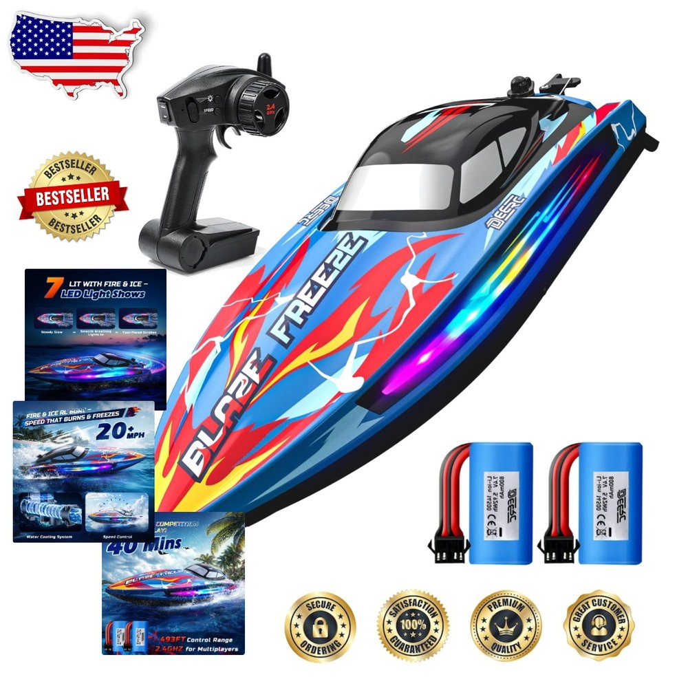 Remote Control Boat, 20+MPH, 7 LED Modes, 40 Min, Self-Righting Feature