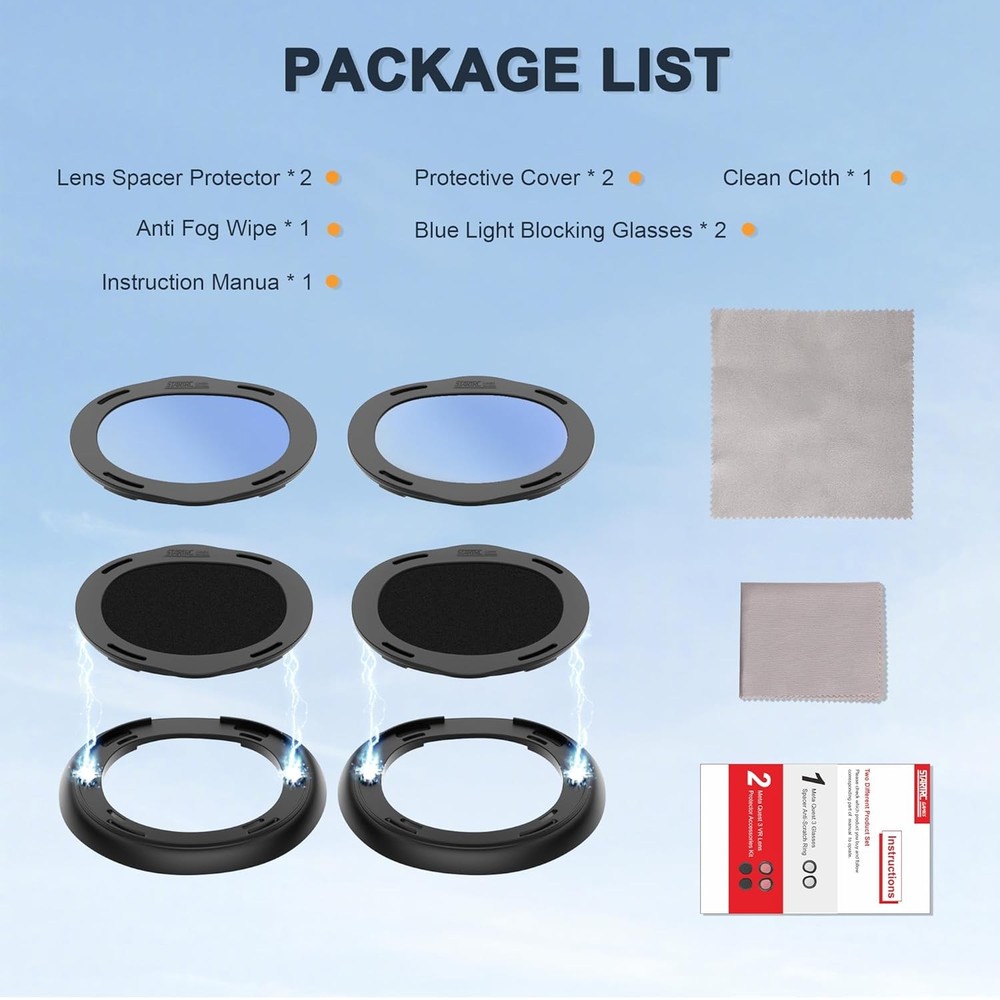 Lens Protector Spacer Kit for Meta Quest 3 with Blue Light Blocking Glasses Wipe