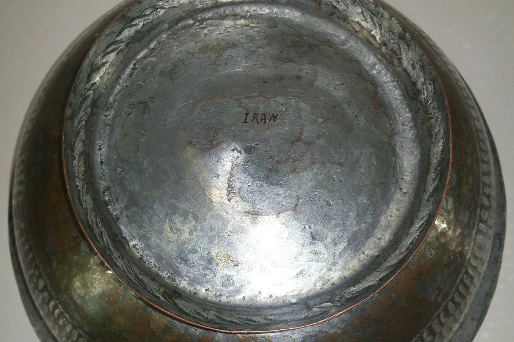 Early Hammered Tinned Copper Bowl Primitive Patterned Design Iran