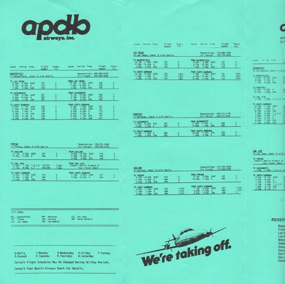 Apollo Airways timetable 1981/11/09