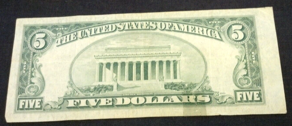 1953-B $5 SILVER CERTIFICATE OFF CENTER ERROR TEAR (2728)