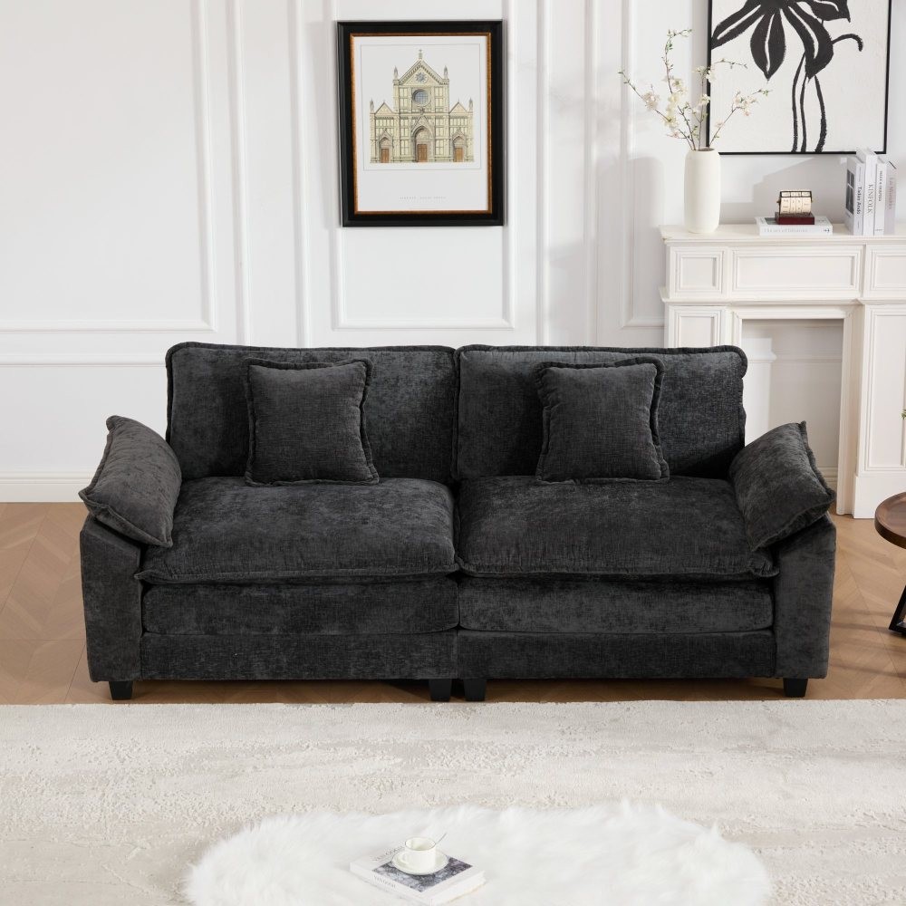 Modern Double Layer Chenille Loveseat w/ Comfortable Cushion Back, Black