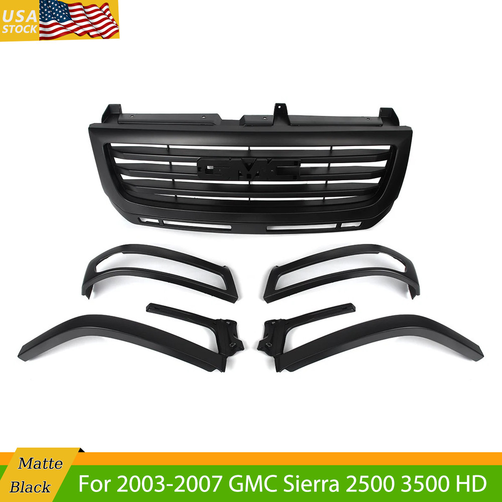 Matte Black Front Upper Grille Assembly For GMC Sierra 2500 3500 HD 2003-2007
