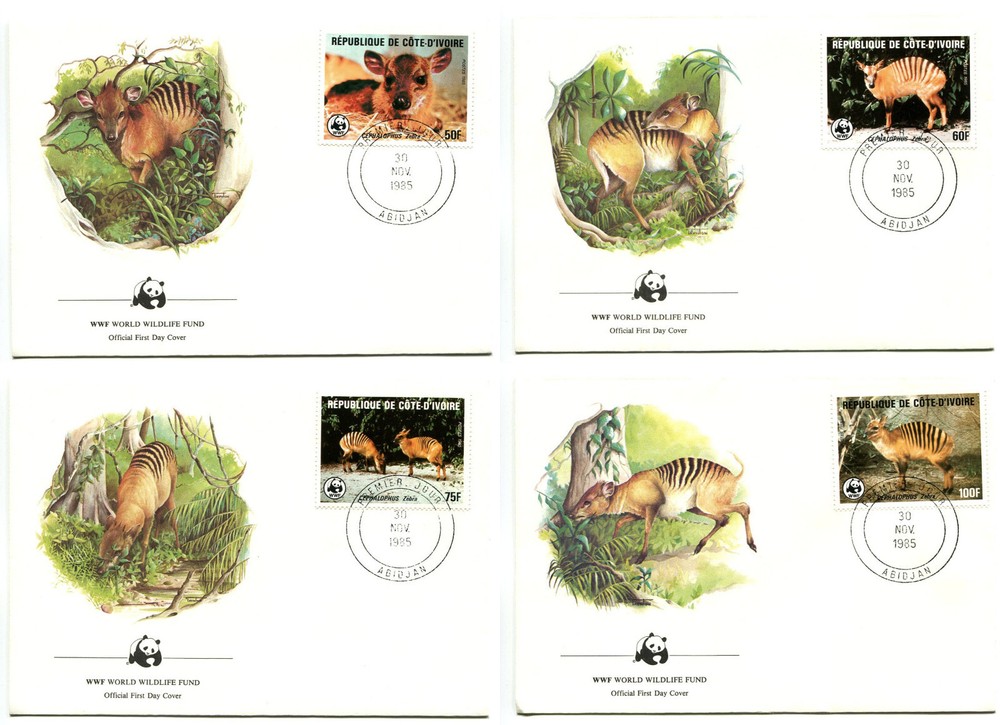 WWF E59 Cote d'Ivoire 4 FDC 1985 Wild Animals Cephalopus Zebra