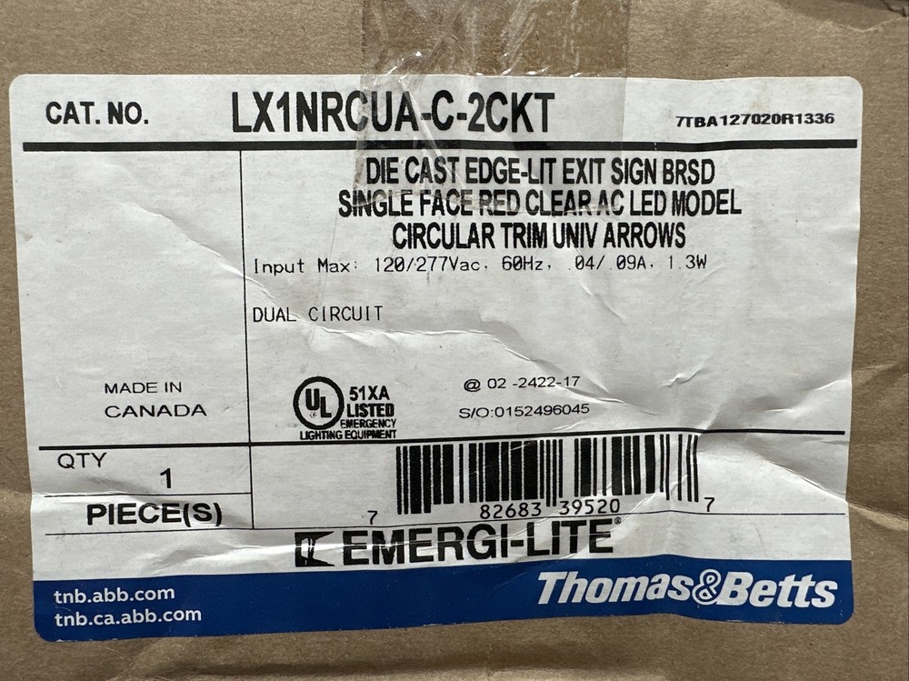 ⚡️Thomas & Betts LX1NRCUA-C-2CKT Die Cast EDGE-LIT Exit Sign Single Faced Red