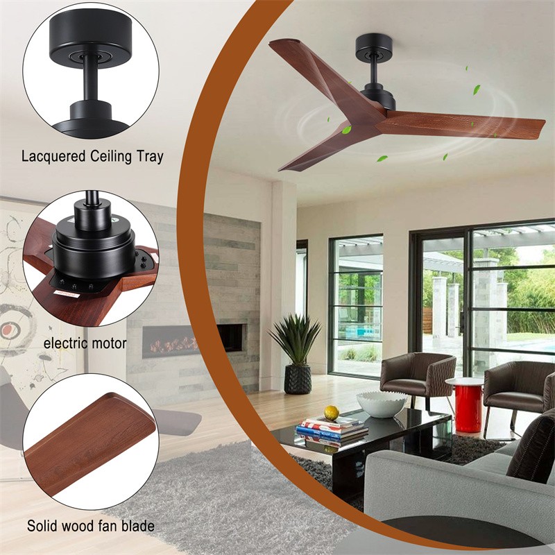52" Modern Ceiling Fan No Light,Low Profile,3 Solid Wood Flat Fan Blade w/Remote