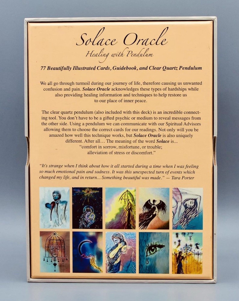 Solace Oracle 77 card set with Clear quartz pendulum, and guidebook unique,