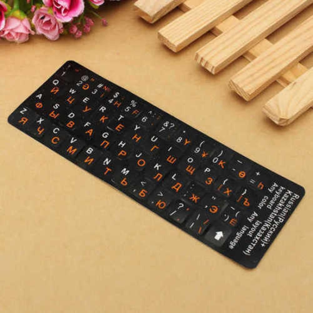 Plastic Russian Standard Keyboard Layout Sticker Orange Letters on Black