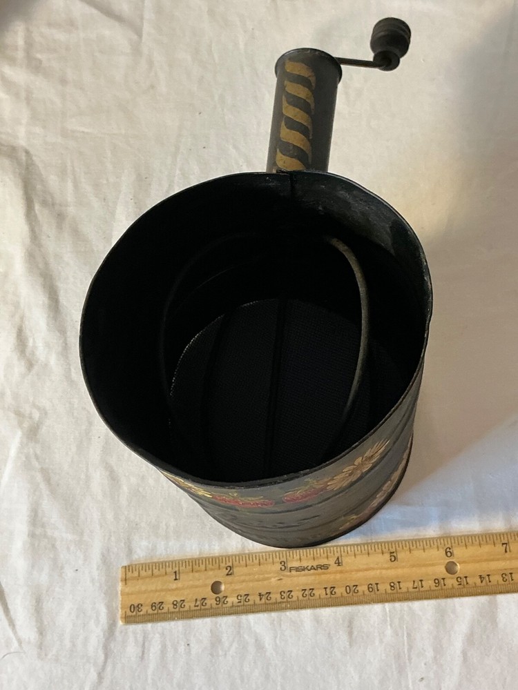 Nesco Vintage Tin flour sifter Side crank handle Floral pattern