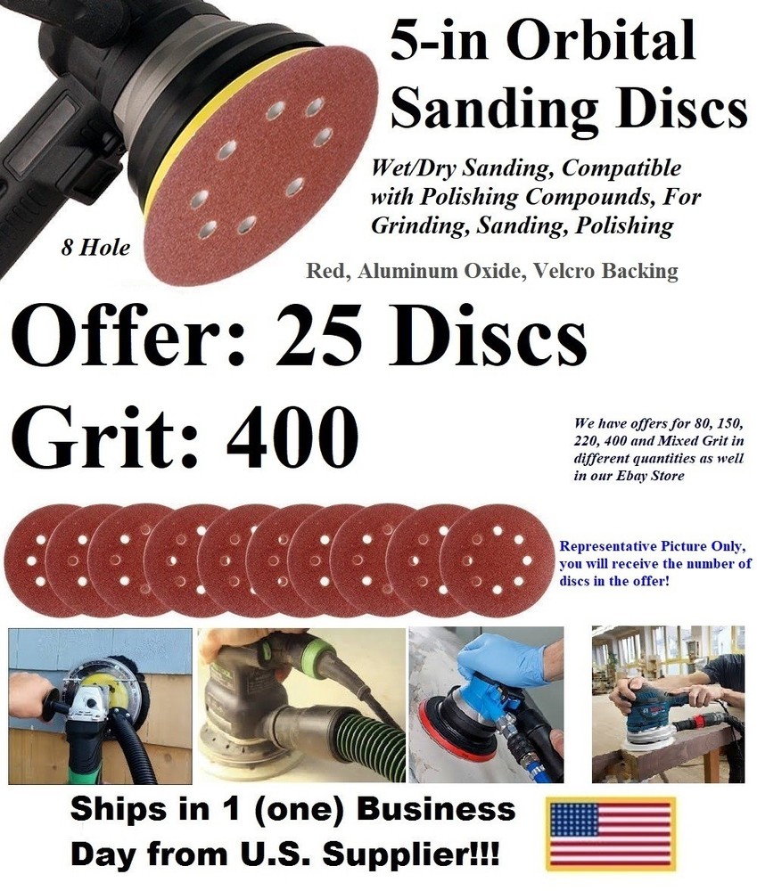 400 GRIT Round Hook/Loop Sanding Disc-Red, Alum Oxide,Size 5",Qty Varies-Orbital