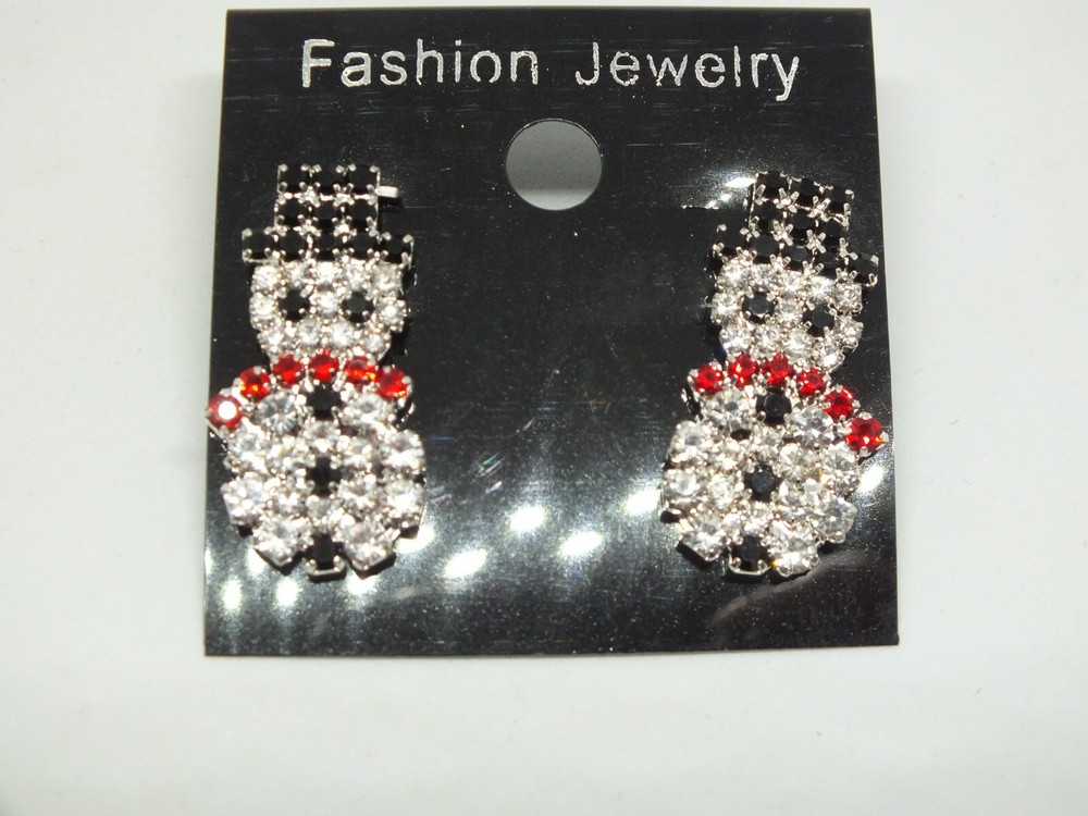 Pierced Post Earrings Christmas Snowman Rhinestones 1 1/4" Long NICE