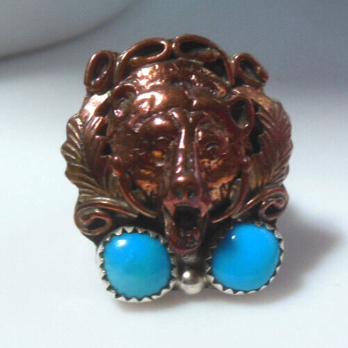 Signed RB Sterling Ring -Bear Face & Turquoise Size 8