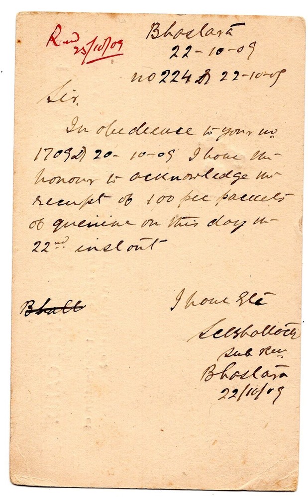 India 1909 Postal Service Card, used