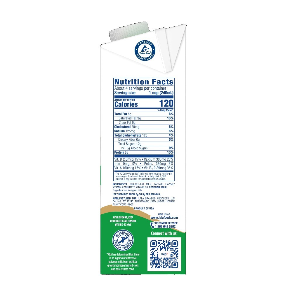 (4 pack) LALA Ultra-Pasteurized Lactose Free Reduced Fat Milk, 32-oz