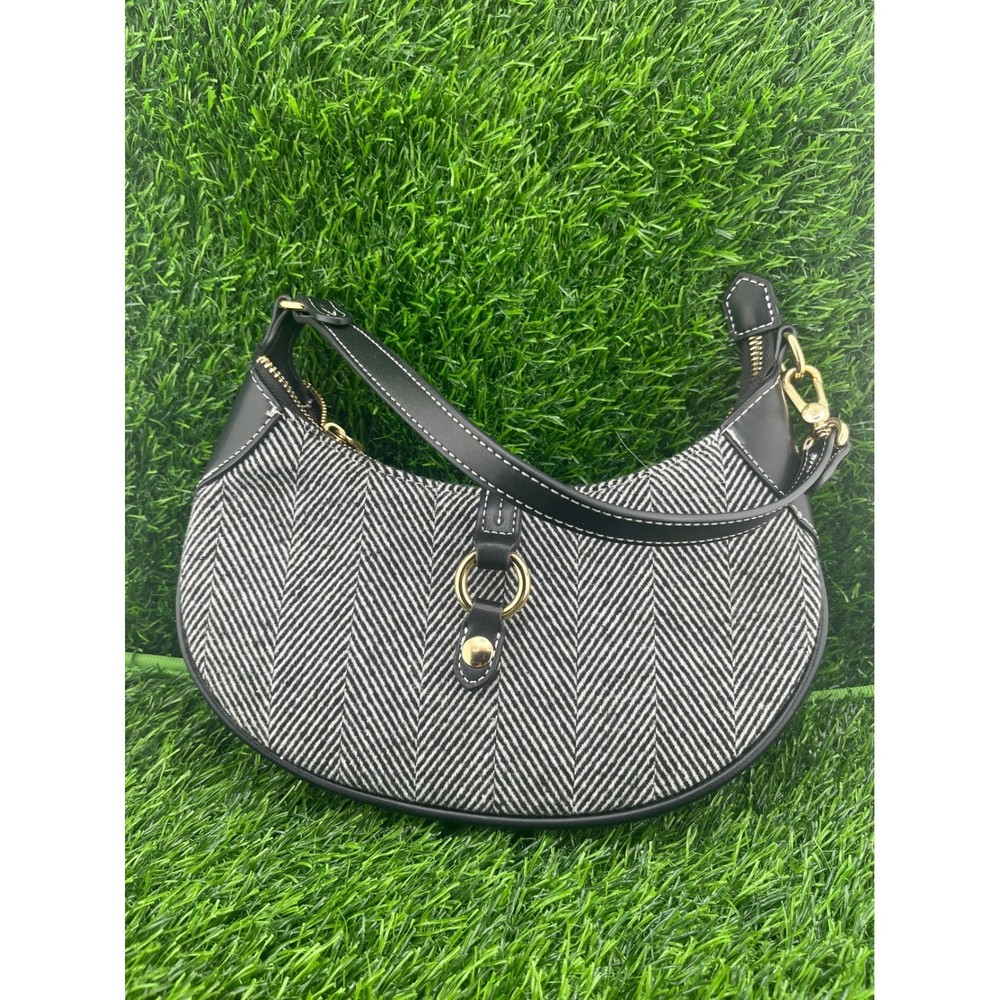 Chic Crescent Shoulder Bag Black White Herringbone Pattern Gold Accents