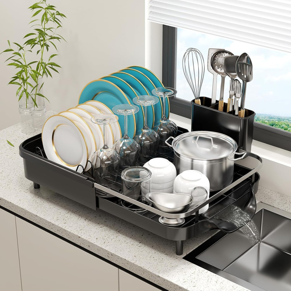 Expandable Dish Drying Rack，Dish Rack for Kitchen Counter-Dish Drainer with Effi