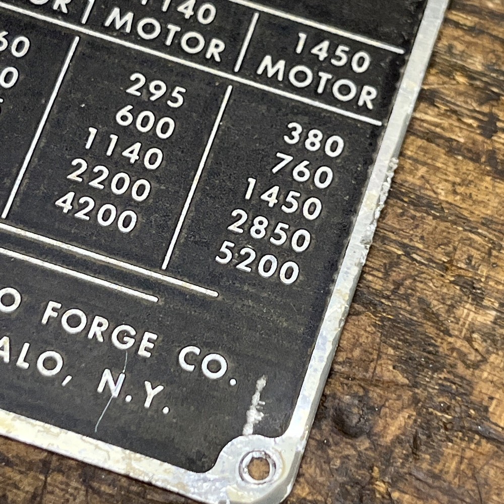 Buffalo Forge 15 Inch Drill Press Badge / Tag / Logo / Spindle Speed Chart