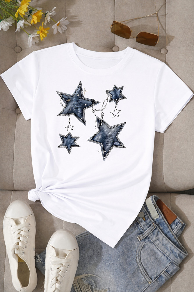 Denim Texture Stars T-Shirt | Chic Patchwork Aesthetic White Tee