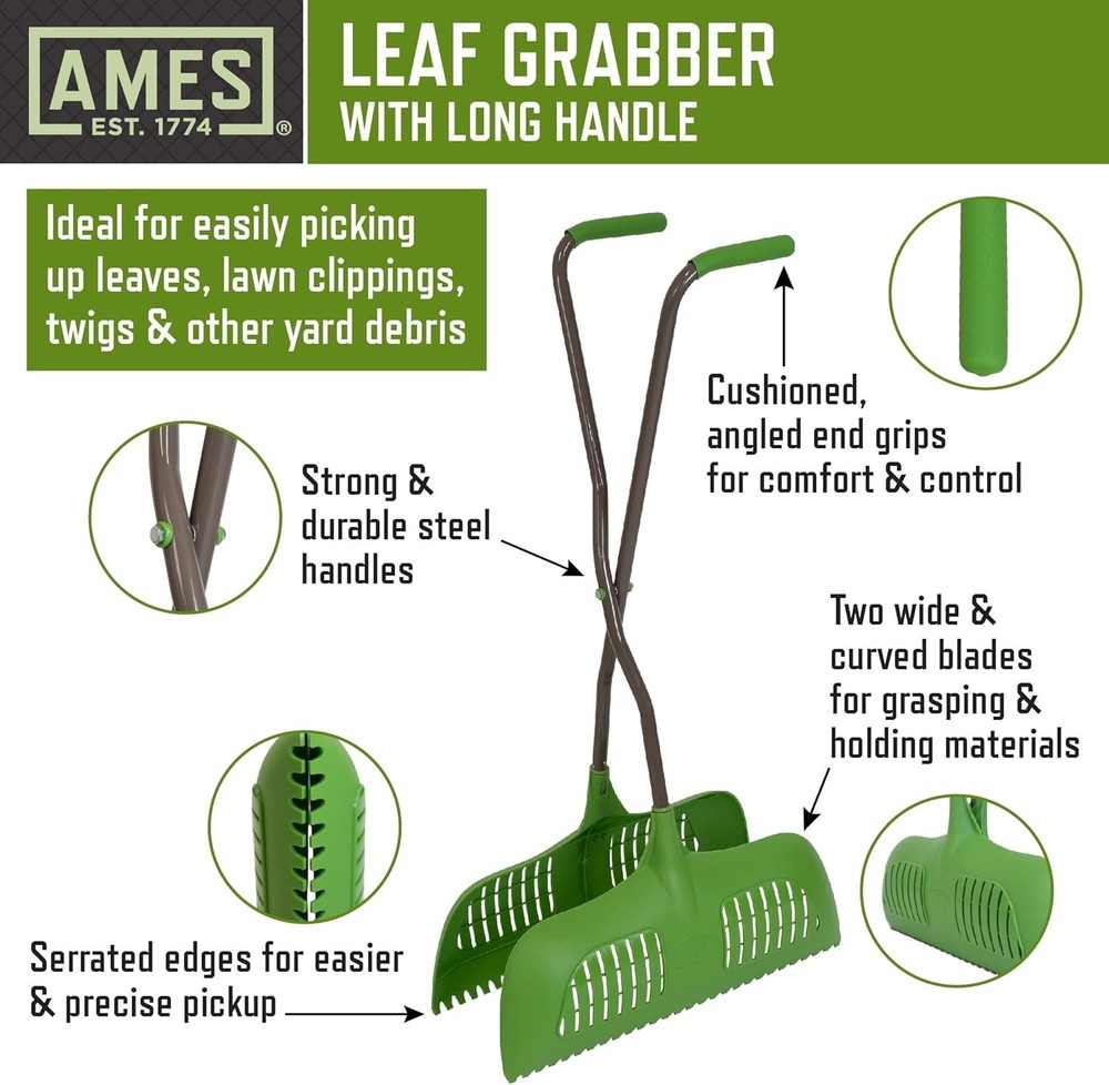Leaf Grabber Rake with Long Handle & Cushioned Grip for Leaves, Green