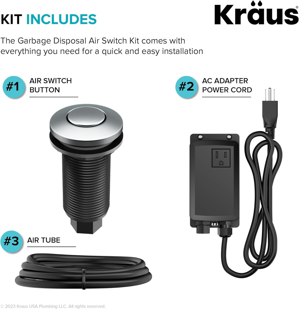 Chrome Garbage Disposal Air Switch Kit with Button, Adapter, and Power Cord