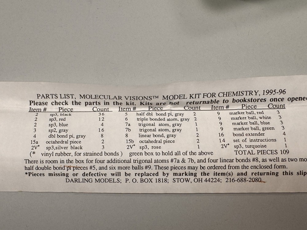 1995–96 Darling Models MOLECULAR VISIONS flexible molecular chemistry kit