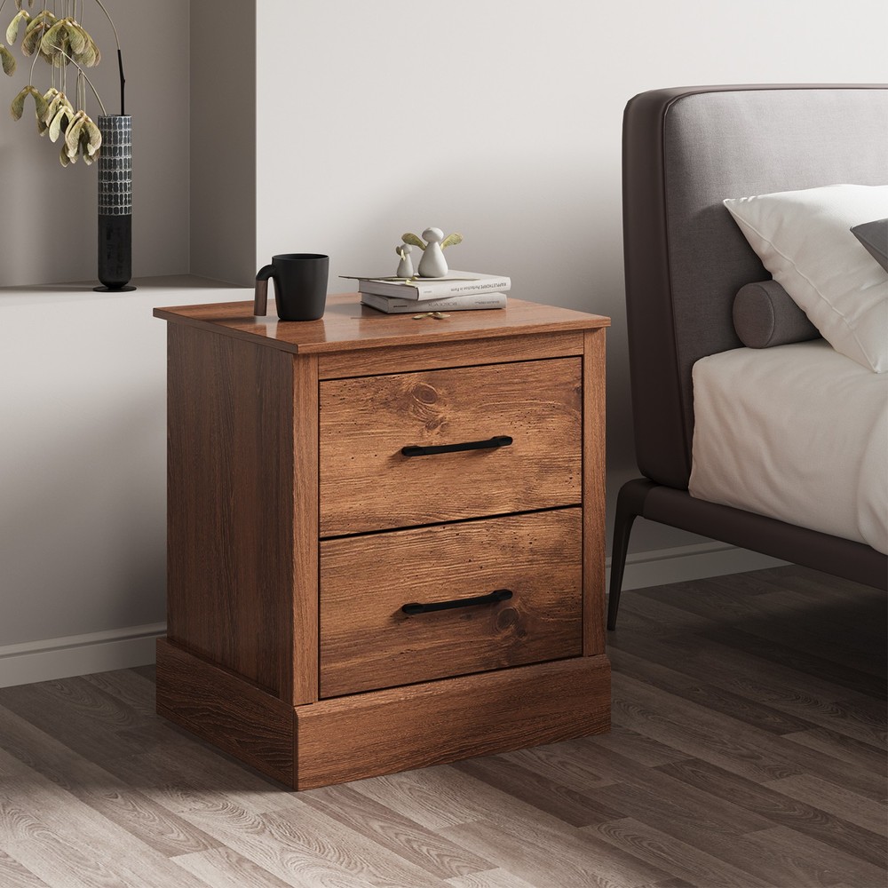 2 PCS 2 Drawer Compact Sofa End Table Nightstand Bedside Table Rustic Walnut