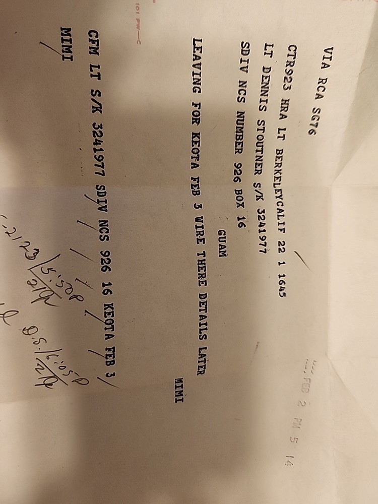 Radiogram From US Serviceman From Guam 1954