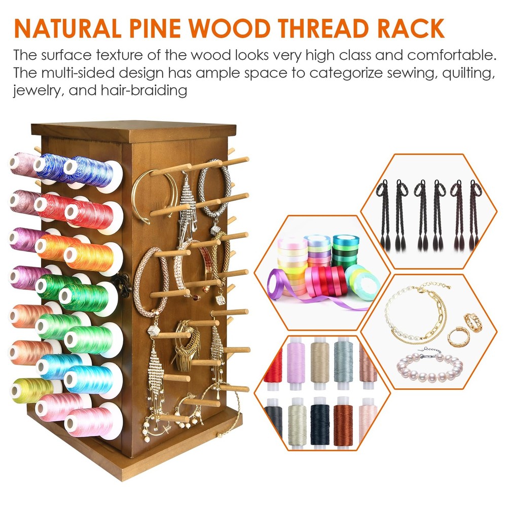 Acacia Wood 84 Spools Thread Rack/Thread Holder Organizer with Inner Storage ...