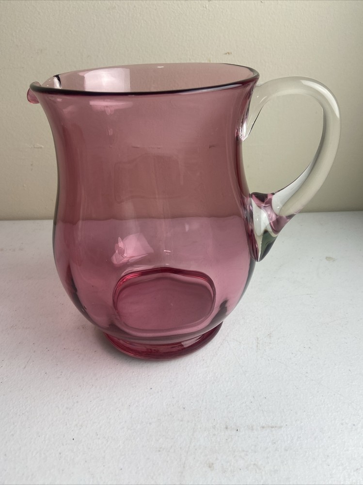 Handblown Cranberry Glass Pitcher Applied Glass Handle 6.75” Tall