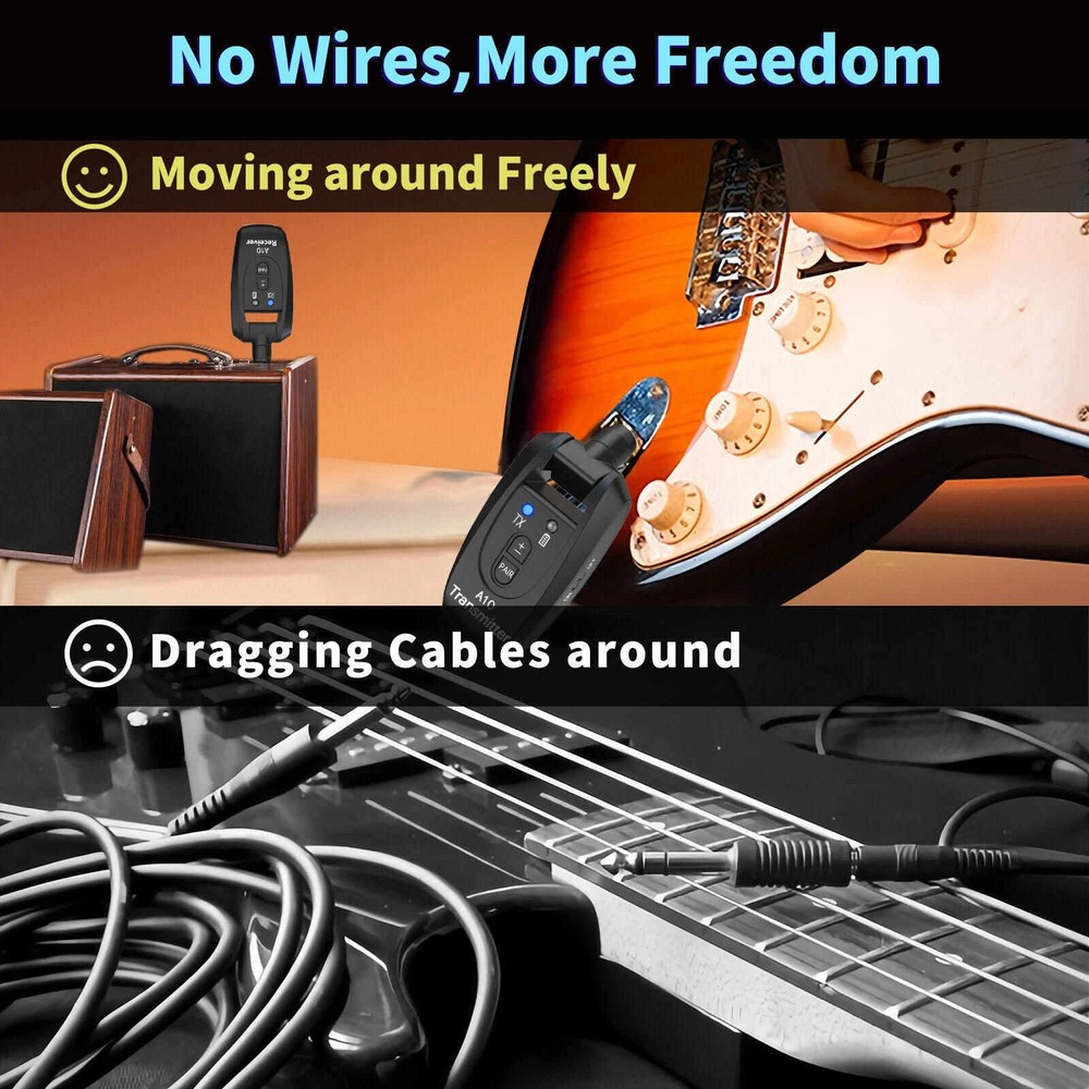 Wireless Guitar Transmitter & Receiver System 100ft Range 5H Play 2.4GHz Band