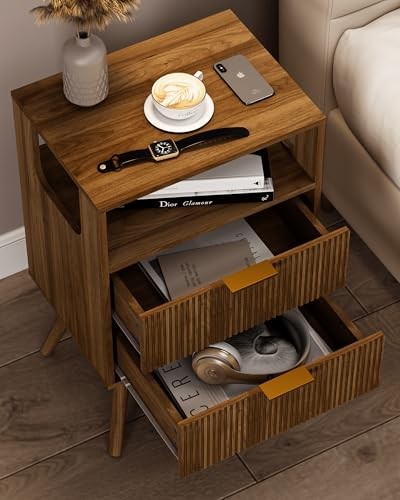 Nightstand,Modern Bedside Table with 2 Storage Drawer and Open Walnut Brown