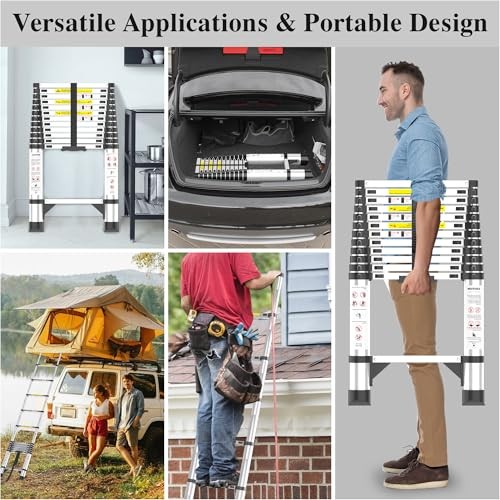 Adjustable Retractable Telescoping Ladder Extension 12.5 FT Pure Silver