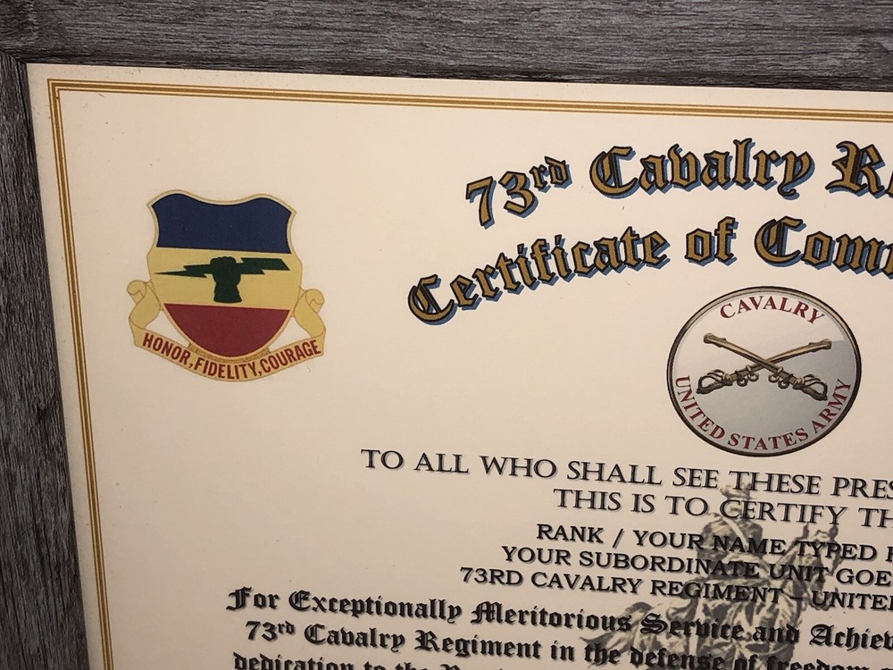 73RD U.S. CAVALRY REGIMENT / COMMEMORATIVE - CERTIFICATE OF COMMENDATION